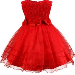 Girls' Polyester Sleeveless Princess Party Dresses Summer Flower Tulle Dress,Red